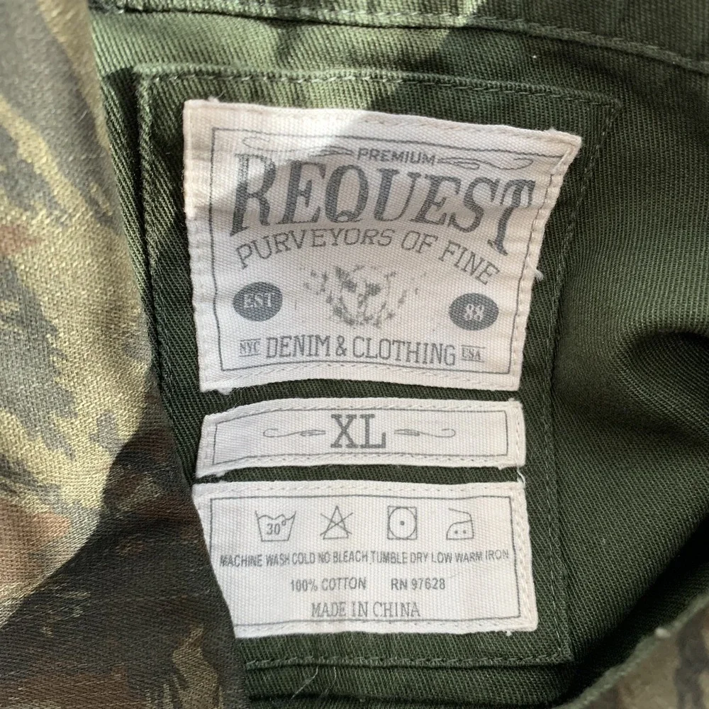 Request Denim Army‎ Green Camo Patches Button Up Shirt XL 100%  Cotton Woven